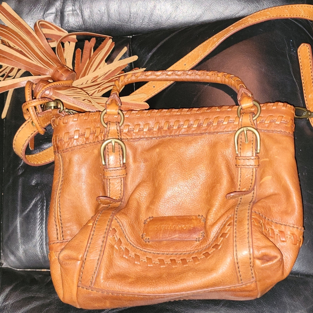 Isabella Fiore Tan Leather Woven-Trim Shoulder Bag with Tassel Accent - Picture 13 of 13
